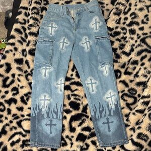Men's Light Blue Graphic Cross Cargo Jeans